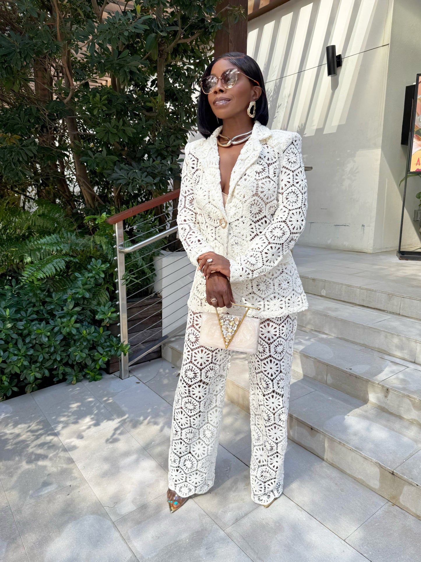 Alaina White Crochet Lace White Pants Set