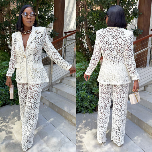Alaina White Crochet Lace White Pants Set