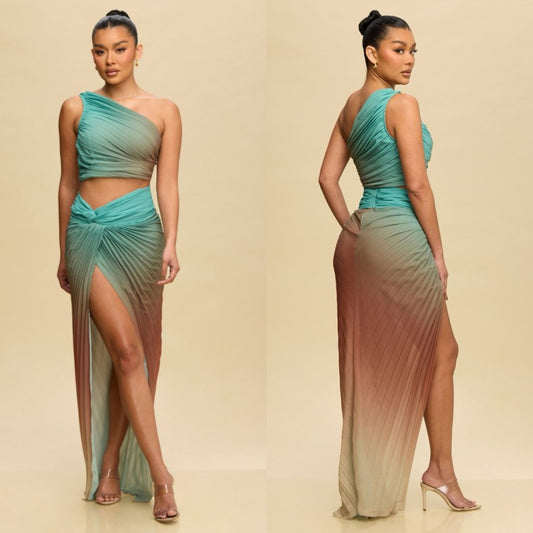 Oceana Ombre Pleated Skirt Set – Dreamy Two-Piece for Summer Glam