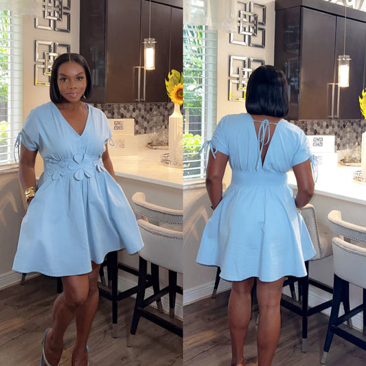 Liana Baby Blue Mini Dress with Floral Details – Feminine & Flowy