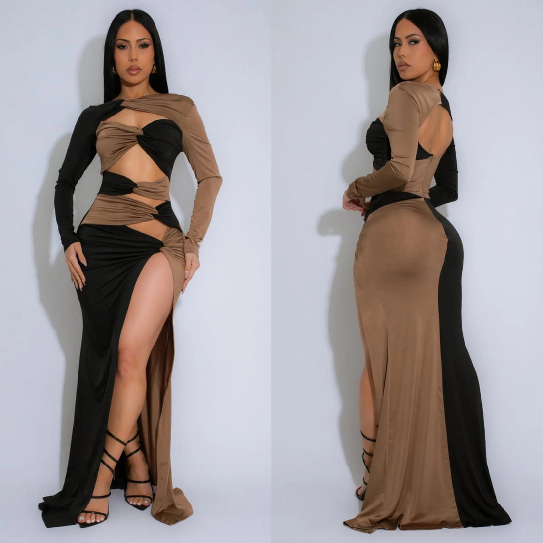 Paula Cut Out Two-Tone Maxi Dress – Bold Elegance Meets Sculpted Drama