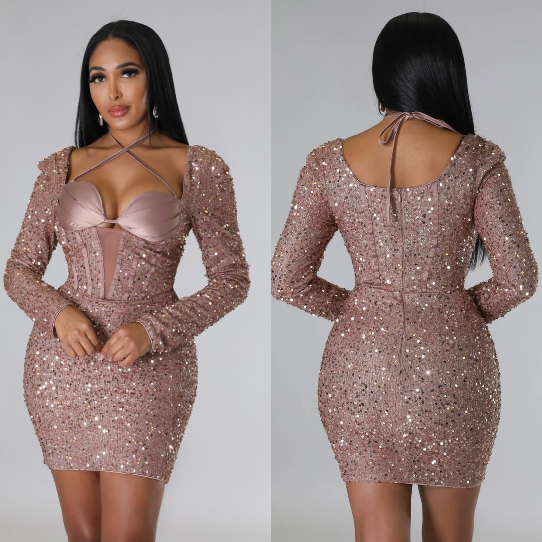 Olivia Dress: Sparkling Rose Gold Mini for Glamorous Evenings