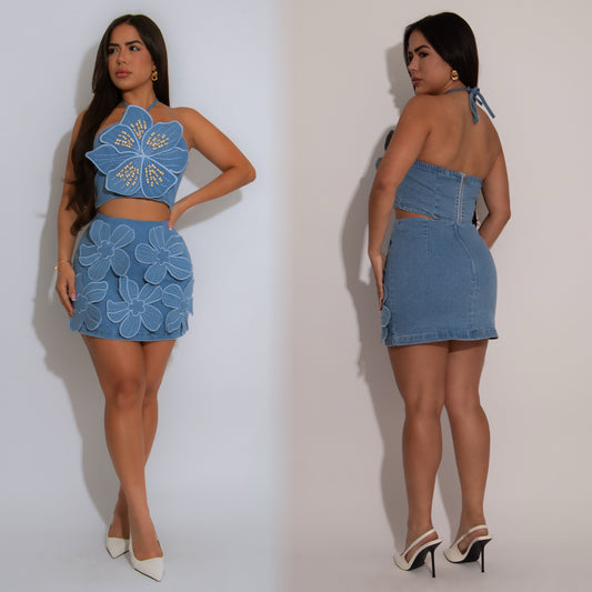 Flora Bloom Denim Skirt Set