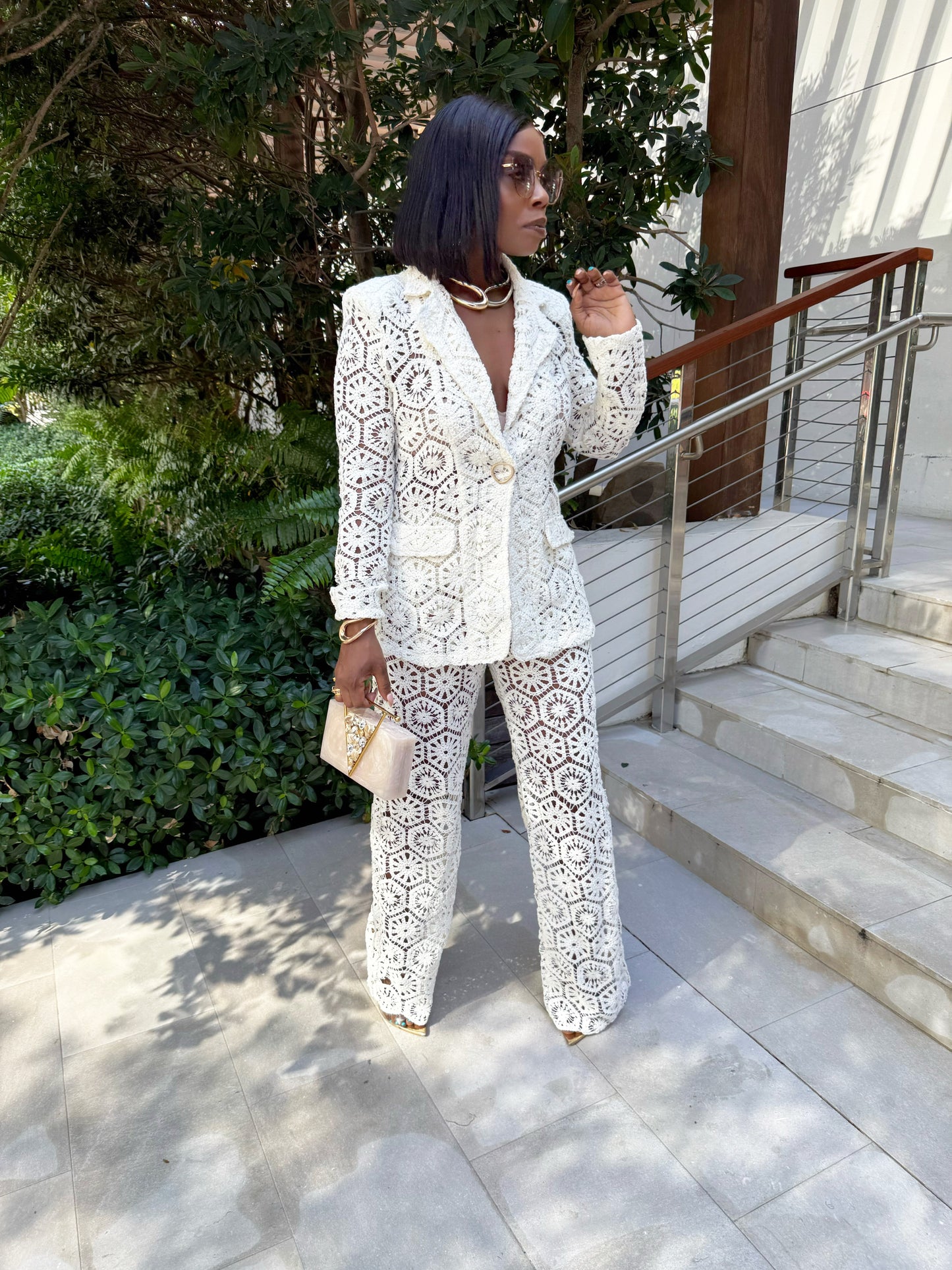 Alaina White Crochet Lace White Pants Set