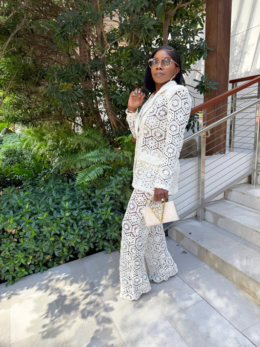 Alaina White Crochet Lace White Pants Set