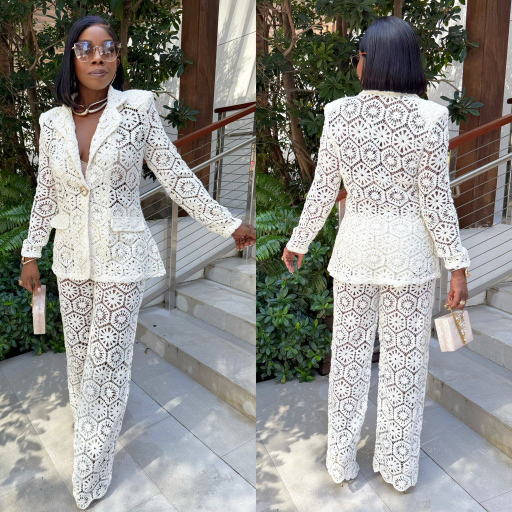 トップス THEREDTHREAD S lace trim suit ensemble 4 Alaina White Crochet Lace White Pants Set – Dress2Envii