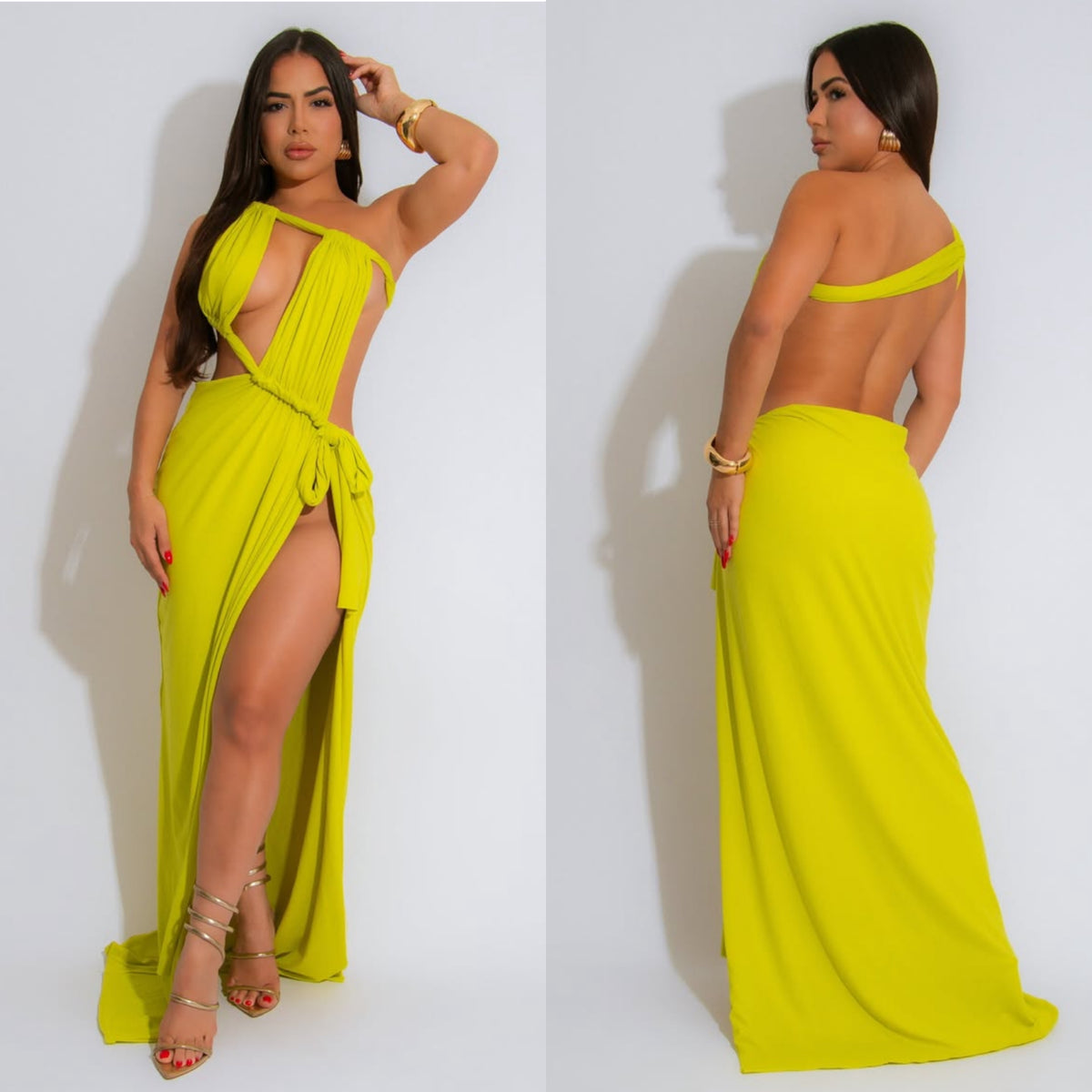 Zariah Chartreuse One-Shoulder Cutout Maxi Dress