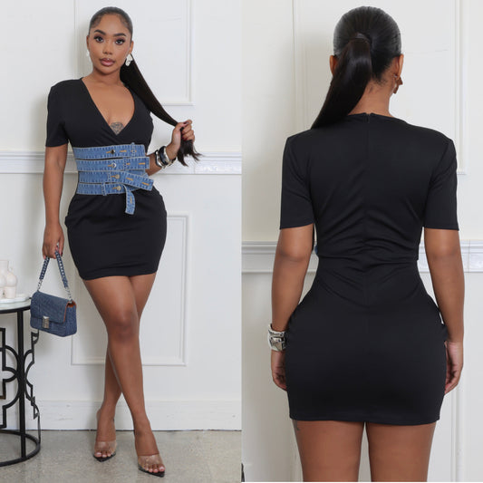 Zyra Denim Corset Belt Black Mini Dress